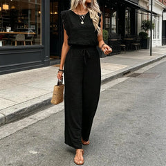 Crew Neck Top And Wide Leg Pants Set Fashionable Womens Summer Lounge Set Street Style Matching Outfit Relaxed Fit Vacation Suit