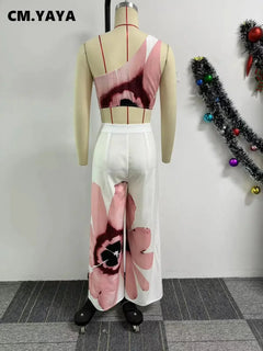 Women Set Floral Print Sleeveless Skew Collar Tops +Wide Leg Pants Two 2 Piece Set Outfit  Summer Street Tracksuit