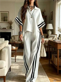 Spring Summer Women Short Sleeve Lapel Shirts Tops + Loose Striped Pants Female Casual Two-piece Clothing Set Casual Holiday Set