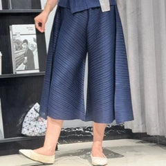 Miyake Pleated T-Shirt New Sleeveless Color-Block Camisole Women's Lightweight Draped Top with Matching Shorts and Capri Pants