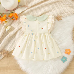 Summer Toddler Dress Cute Doll Collar Flower Embroidered Bow Princess Dress for Baby Girl 0-2 Years Old