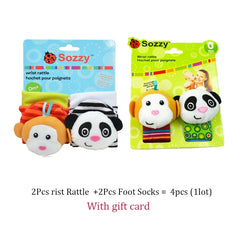 Baby Wrist Rattles Socks Newborn Animal Socks Infants Foot Finder Wrist Strap Baby Socks Sensory Toys Baby Toys 0-12 Months Gift