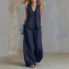 Women's Pullover Blouse And Pants Two-piece Set Women's V-Neck Vest Top Summer Suit Elastic Waist Trousers Lady Sets Outfit 2026