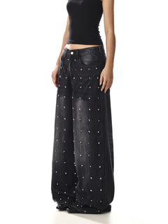 Women Black Rivet Heavy Duty Jeans New American Retro Design Niche Loose Wide Leg Denim Pants Streetwear Baggy Trousers