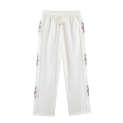 HH Elegant Women's 2026 Floral Embroidered Straight-Leg Pants Spring Autumn Casual Elastic Waist Side Stripe Boho Trousers