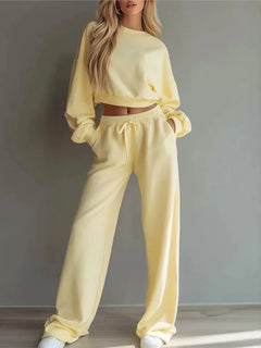 Autumn New Casual O Neck Long-Sleeved Ultra-Short Sweatshirt Trousers