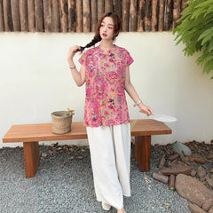 Summer Cotton-silk blend Cheongsam 2 Pcs Set Loose Short Sleeve Frog Closure Tops and Wide leg Pants New Chinese Style Plus size