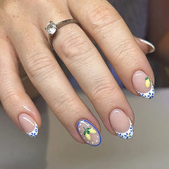 3D Lemon Blue White Striped French Nail Art Summer Chic Short Round False Nails Detachable Finished Fake Nails Press on Nails