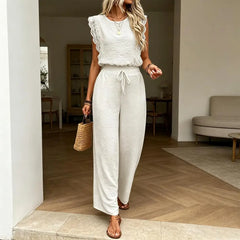 Crew Neck Top And Wide Leg Pants Set Fashionable Womens Summer Lounge Set Street Style Matching Outfit Relaxed Fit Vacation Suit