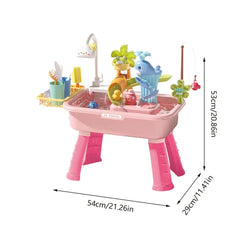 Kitchen Water table Sets with Pump,Tableware & Fishing Game for Kids,Children's Play Sink with Running Water & Electric Faucet