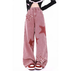Women Streetwear Pink Jeans Vintage Star Print High Waisted American Retro Wide Leg Denim Pants Hip-hop Straight Y2K Trousers