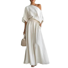 Elegant Two-Piece Short Sleeve Top & Casual Pants Set Woman Sexy Slash