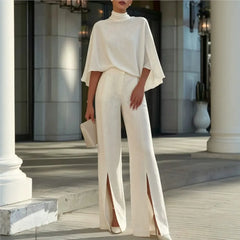 Autumn Women's Half Turtleneck Shawl Top Fashion Slit Wide Leg