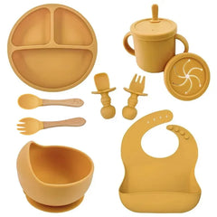 Food Grade Silicone Child Dish Set Baby Feeding Bowl Suction Plate Straw Cup Wooden Spoon Fork for Kids Tableware Toddler Dishes