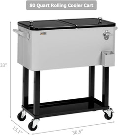 Rolling Ice Chest, 80QT Cooler Cart with Shelf, Beverage Pool, Bottle Opener, Portable Party Bar