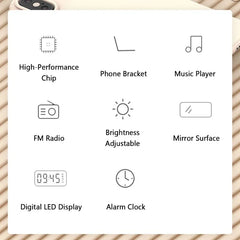 Bluetooth Speaker with LED Mirror Screen Digital Dual Alarm Clock with FM Radio Phone Holder Temperature For Bedroom Office