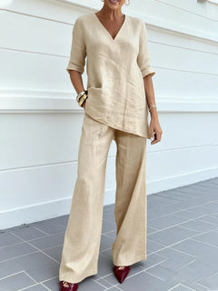Women's Two-piece Set 2026 Mid-sleeve V-neck Top Straight Pants Spring Summer Women's New Casual Cotton Linen Solid Color Suit