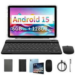 Tablet 10.1 Inch Android 15 Octa-Core 6GB RAM 128GB ROM 1280x800 IPS Tablets PC WiFi 5 Bluetooth Keyboard Set