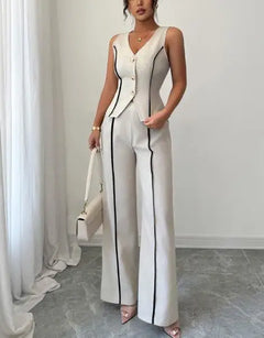 Two Piece Set Women Outfit 2026 Spring Summer New Contrasting V-Neck Sleeveless Single-Breasted Vest & Casual Straight Pants Set