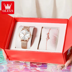OLEVS 5653 Woman Watches Elegant Original Quartz Watch Waterproof Arabic Numerals Mesh Belt Date Ladies Watch Set Bracelet Watch