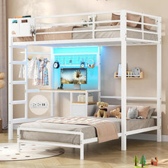 Twin Over Twin Bunk Bed,Built-in Desk & Charging Station & LED Lights with Storage Drawers,Bedroom Furniture, Custom