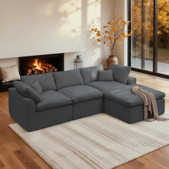 110" Modular Sectional Sofa with Ottoman, Deep Seat Fluffy Chenille L-Shape Couch for Living Room, Beige, Customized