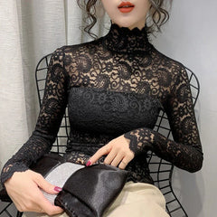 Blouse Women Transparent Lace T Shirt Stretch Turtleneck Petal Sleeve