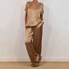 Casual Loose Satin T Shirt Pants Two Piece Sets Women Fashion O-Neck