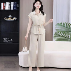 Women Large Size 4XL Casual Outfit Summer Female Fashion Ice Silk Shirt Two-piece Set Korean Ladies Short Sleeved Pantalons 2PCS