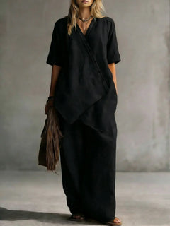 Women's Fashion Casual Solid Color V-Neck Loose Short Sleeve Top and