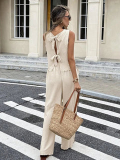 Ladies Spring Summer Elegant Casual Holiday Wear Solid Color Sleeveless Back Tied Top Straight Leg Pants Outfit