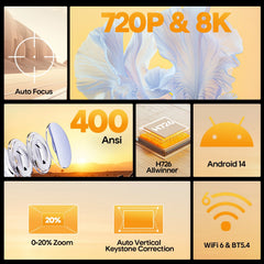 Magcubic 8K Native 4K Projector 400ANSI 14 Android Auto Focus Portable Outdoor HY300Max with Wifi6 BT5.4 Allwinner H726 720P