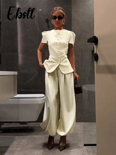 Elegant Short Sleeve Top Pants Set Women's Solid Single-breasted O Neck Waist-cinching Tops Loose Lantern Trousers 2026 Outfits