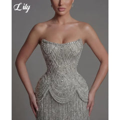 Lily Silver Strapless Prom Dress Beaded Corset with Fringe Skirt Evening Dress Luxury Mermaid Party Dress For Women Customized