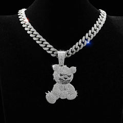Hip Hop Aggressive Bear Pendants Necklaces with Miami Cuban Link Chain Brown Bear Men's Women Choker Collar Jewelry Accessories