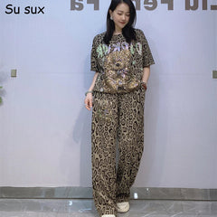 Cartoon Bear Leopard Print Wide Leg Pant 2 Pieces Sets Woman Outfits