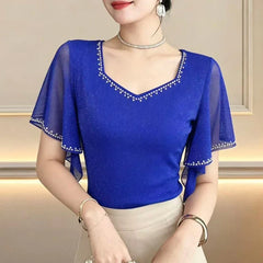 Summer New Diamond Shirt Short Sleeved Mesh Tops Slim Korean Fashion