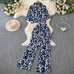 Beach Style Fashion Printed Women Pant Sets 2pcs Short Chiffon Shirts+Wide Leg Pants 2025 New Summer Casual Loose Female Suits