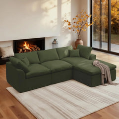 110" Modular Sectional Sofa with Ottoman, Deep Seat Fluffy Chenille L-Shape Couch for Living Room, Beige, Customized