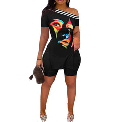 Print Two Piece Shorts Sets Women Skew Collar Short Sleeve Shirts Side Split Tops Pullover Elastic Waist Trousers Summer 2025
