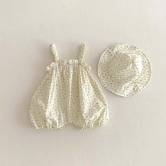 Korean-style summer baby girl thin strap floral jumpsuit hat, baby girl fashion strap jumpsuit, very suitable for travel wear