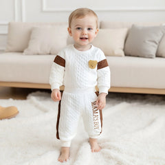Baby Boy s Knit Outfits Fashionable Long Sleeve Bear Embroidery Textured Romper with Pants 2Pcs Set