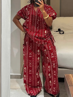 New Fashion Printed Two-piece Set Women's Loose Casual Short-sleeved Drawstring Waist Slimming V-neck Shirt Wide-leg Pants Sets