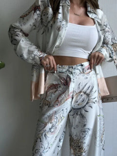 2 Pieces Set for Woman Summer New Elegant Print Long Sleeves Shirt