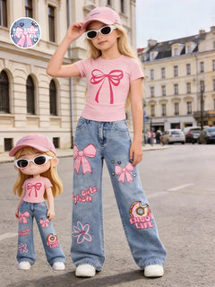 Girls' Y2K Style 2-Piece Set: Pink Bow-Print Slim-Fit Cropped Short-Sleeve Tee + Cartoon Donut, Bow, and Floral Print Wide-Leg J