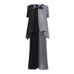Blouse Pants Suit Women Summer Youthful Pleated Tie-Front Delicate