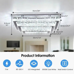 Modern Crystal LED Ceiling Light Fixture 20” Rectangular Flush Mount Chandelier Ceiling Lights 3-Tiers Stainless Steel Ceiling L