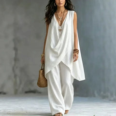 Fashion Summer Sexy Loose Solid color Linen 2 Piece Set Draped Sleeveless Top High Waist Wide Leg Pants Outfit Vacation Women