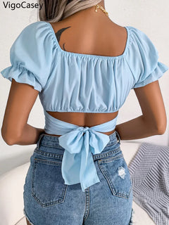VigoCasey 2026 Lady Sexy Square Neck Bodycon Short Top Women Summer Solid Short Sleeve T-shirt Sexy Solid Ruffle Club Crop Tops