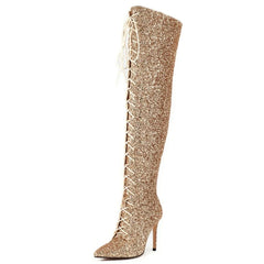 Luxury Gold Silver Red Over the Knee High Boots Sequined Sexy Nightclub Dance Party Shoes Ladies Lace-up Long Boot Large Size 48
